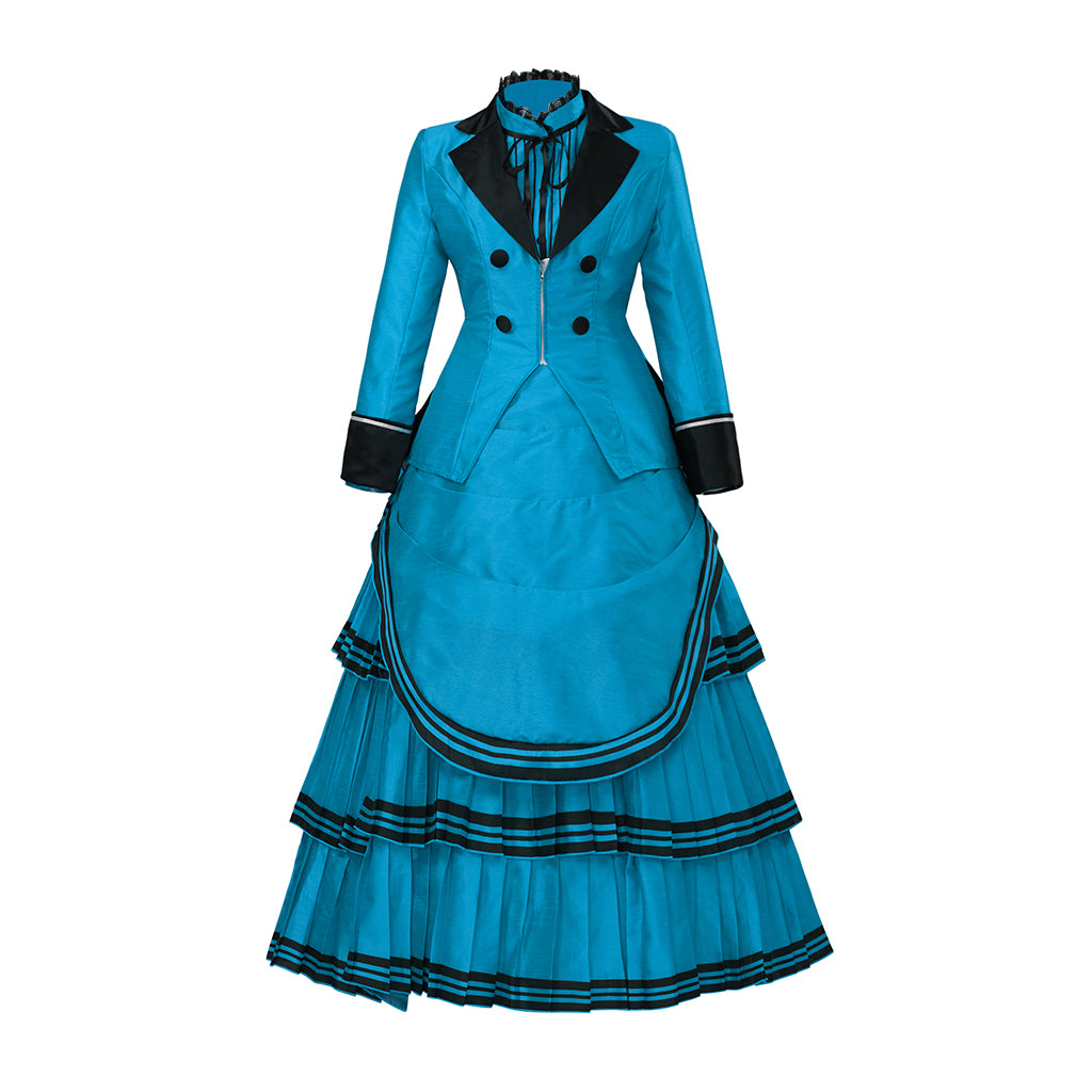 Medieval Style Teal Gown with Black Trim Double Breasted Design for Historical Reenactments Halloween or Christmas