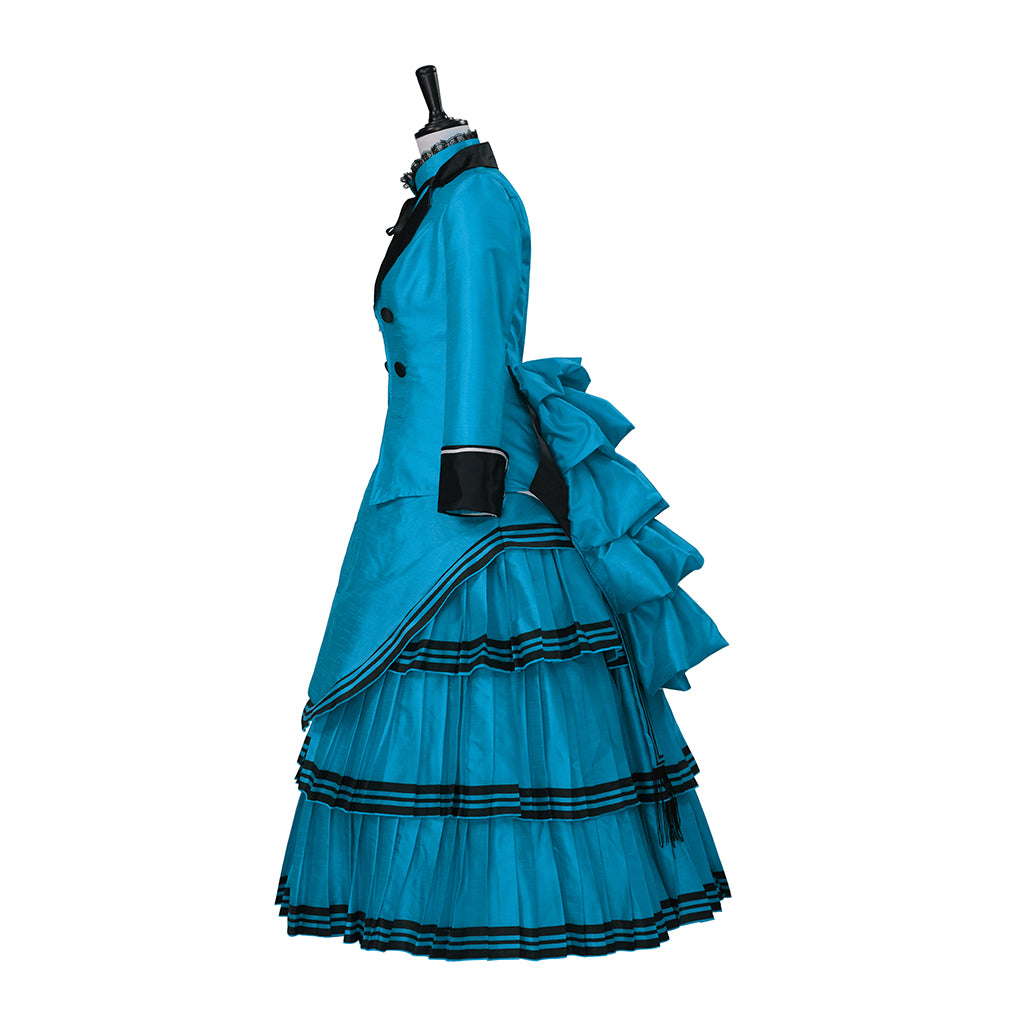 Medieval Style Teal Gown with Black Trim Double Breasted Design for Historical Reenactments Halloween or Christmas