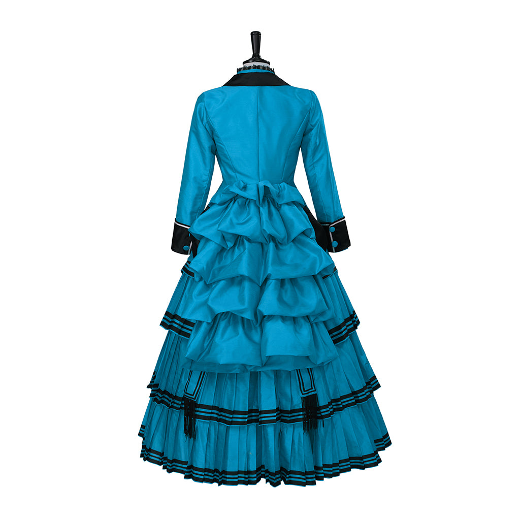 Medieval Style Teal Gown with Black Trim Double Breasted Design for Historical Reenactments Halloween or Christmas