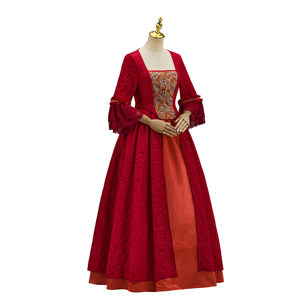 Renaissance Inspired Crimson Red Satin Gown with Puff Sleeves and Corset Waistfor Victorian Historical Reenactments Gothic Halloween Christmas
