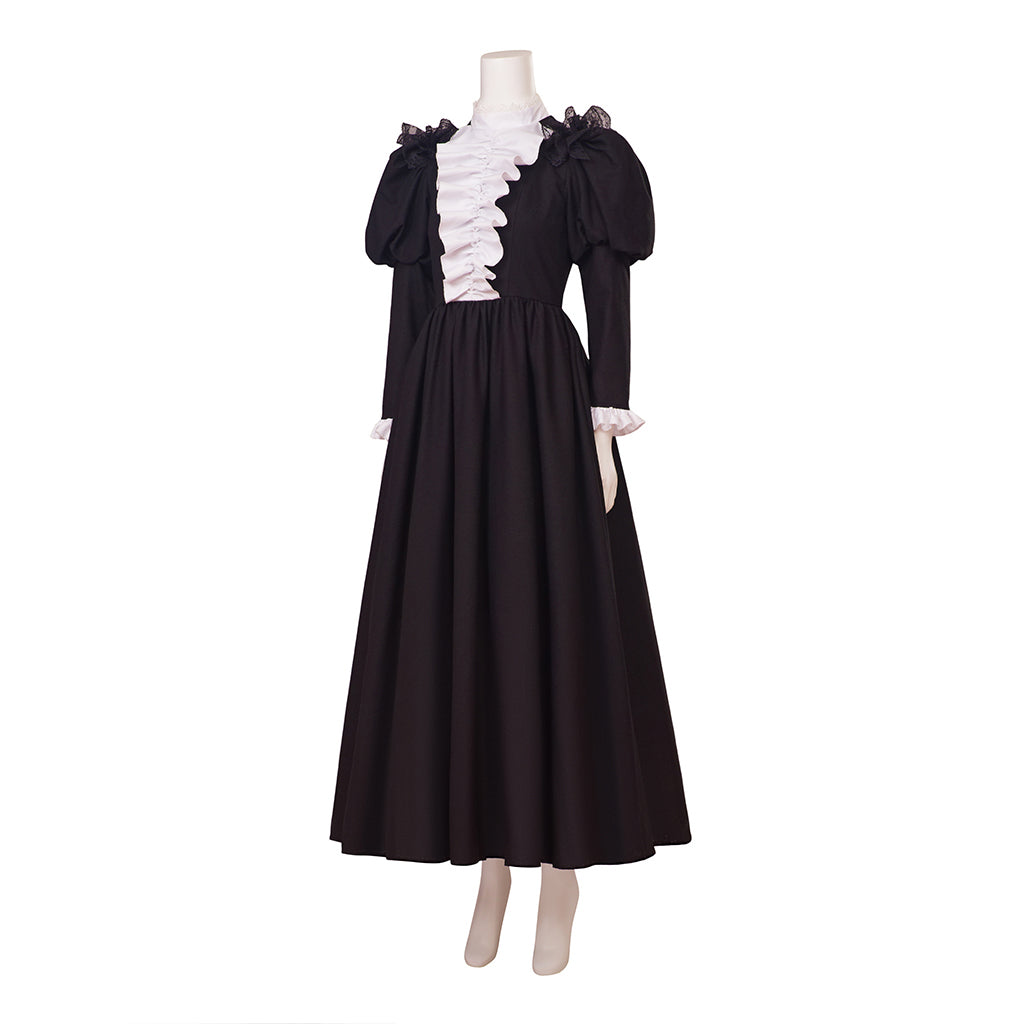 Medieval Style Black Maxi Gown with Puffed Sleeves, White Ruffled Neckline and Cuffs for Historical Reenactments Cosplay Events Halloween Christmas
