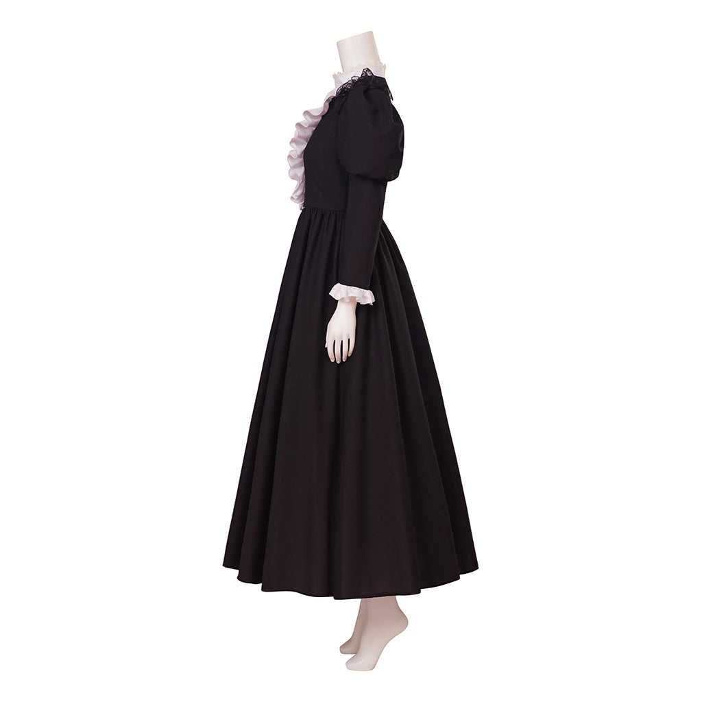 Medieval Style Black Maxi Gown with Puffed Sleeves, White Ruffled Neckline and Cuffs for Historical Reenactments Cosplay Events Halloween Christmas