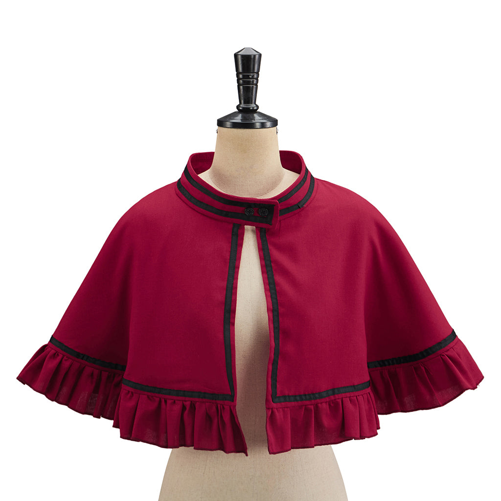 Medieval Short Cloak in Crimson with Black Trim and Ruffled Edges for Historical Reenactments Medieval Themed Parties Halloween Christmas Cosplay Events