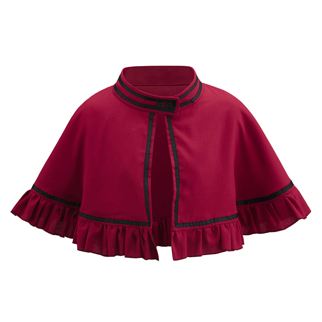 Medieval Short Cloak in Crimson with Black Trim and Ruffled Edges for Historical Reenactments Medieval Themed Parties Halloween Christmas Cosplay Events