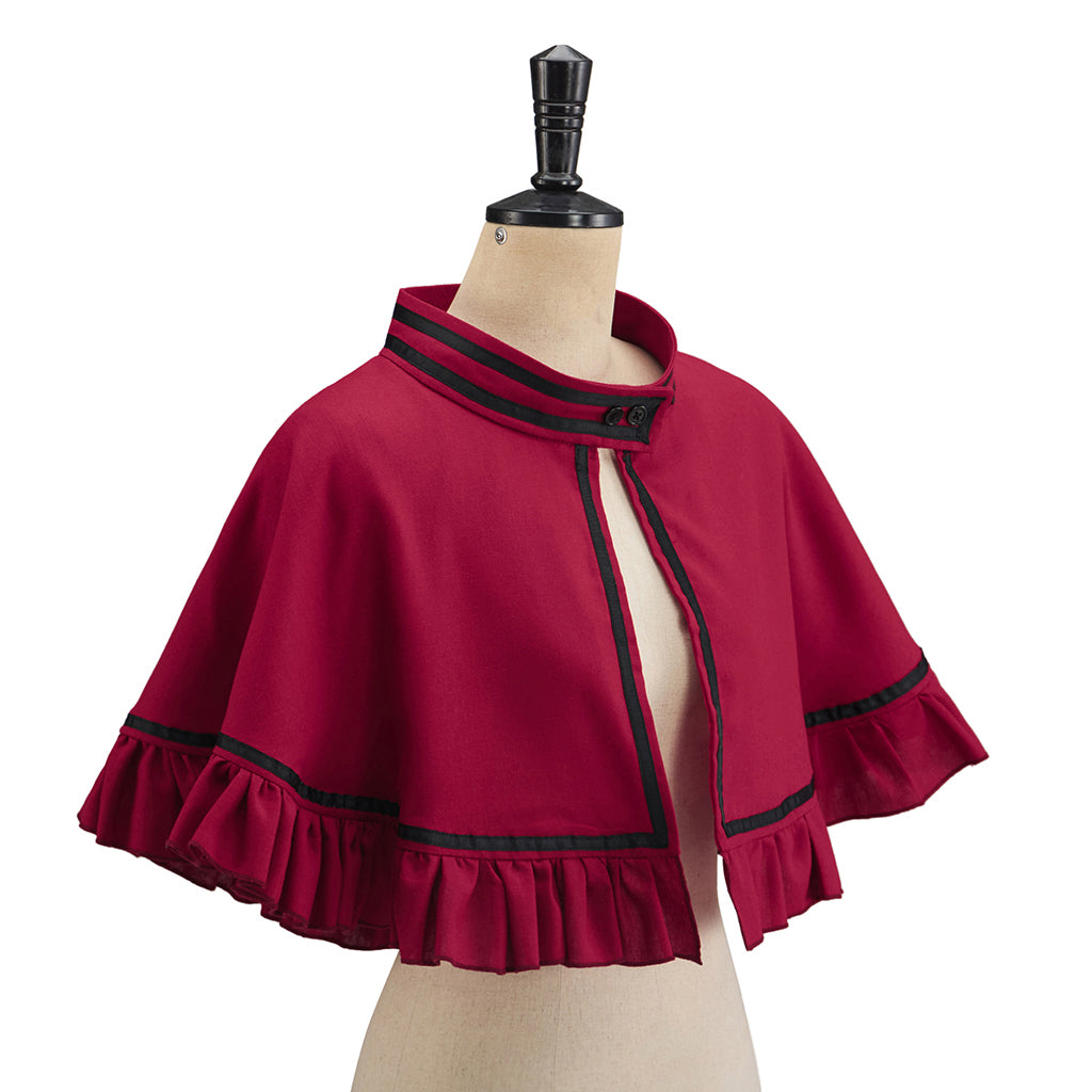 Medieval Short Cloak in Crimson with Black Trim and Ruffled Edges for Historical Reenactments Medieval Themed Parties Halloween Christmas Cosplay Events