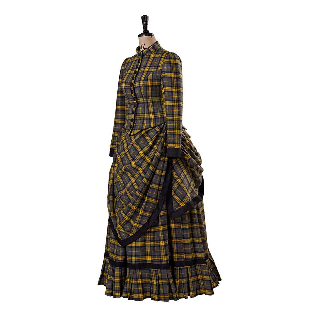 Medieval Style Black and Yellow Plaid Gown with High Waisted Design Ruffled Tiered Skirt for Victorian Themed Parties Halloween