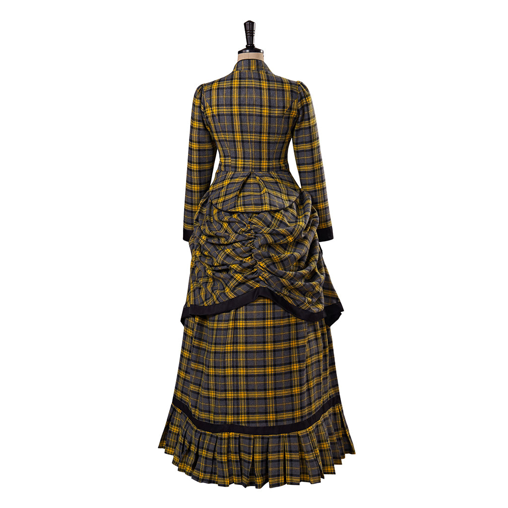 Medieval Style Black and Yellow Plaid Gown with High Waisted Design Ruffled Tiered Skirt for Victorian Themed Parties Halloween
