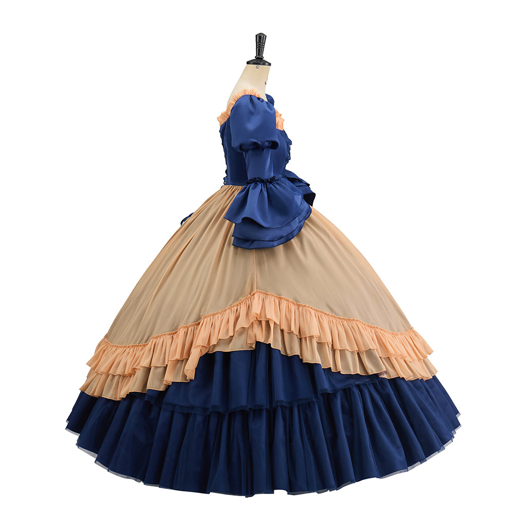 Victorian Inspired Navy Blue and Beige Gown with Puff Sleeves and Layered Skirt for Historical Reenactments Halloween Christmas