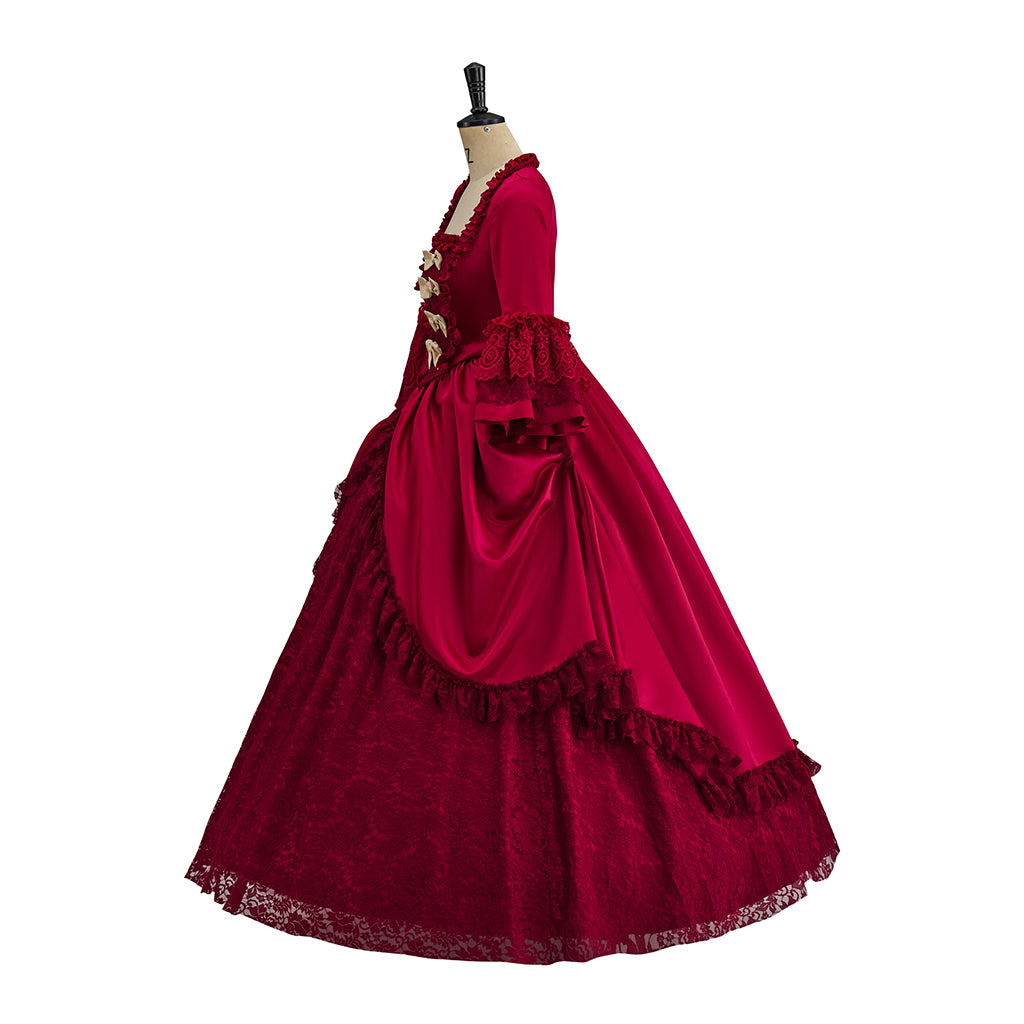 Medieval Crimson Court Gown with Ruffled Sleeves and Button Detailing for Historical Reenactments Halloween Christmas Cosplay Events