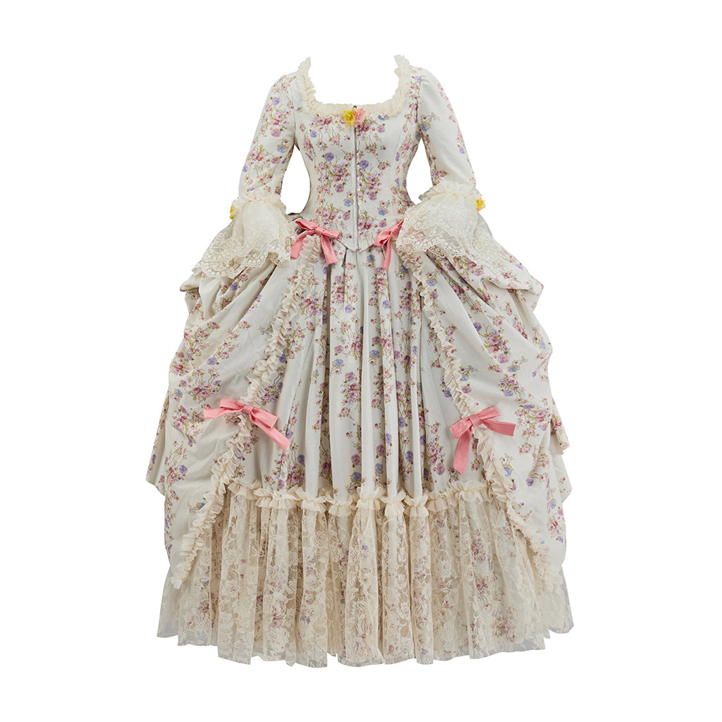 Medieval Floral Patterned Court Gown with Puffed Sleeves and Pink Accents for Historical Reenactments Halloween Christmas Cosplay Events