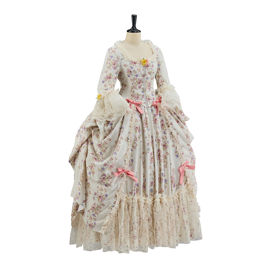 Medieval Floral Patterned Court Gown with Puffed Sleeves and Pink Accents for Historical Reenactments Halloween Christmas Cosplay Events