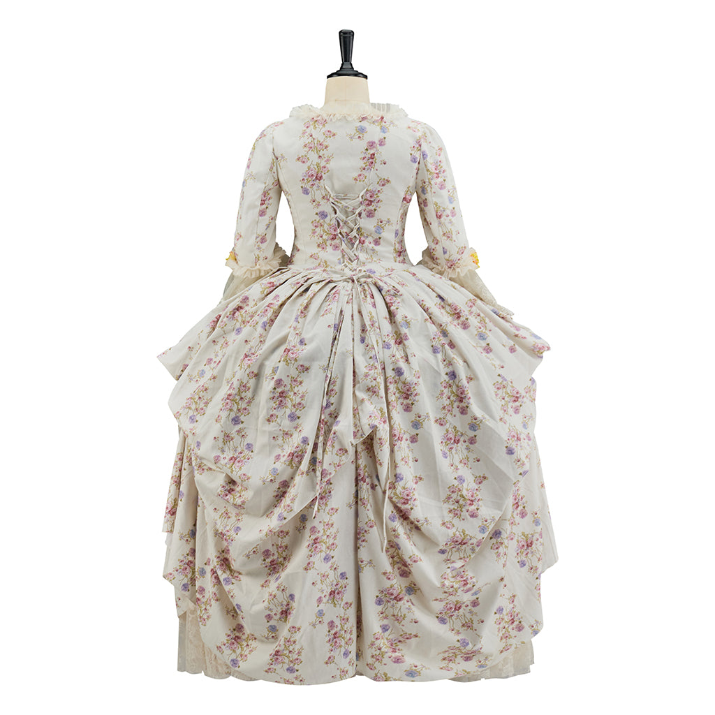 Medieval Floral Patterned Court Gown with Puffed Sleeves and Pink Accents for Historical Reenactments Halloween Christmas Cosplay Events