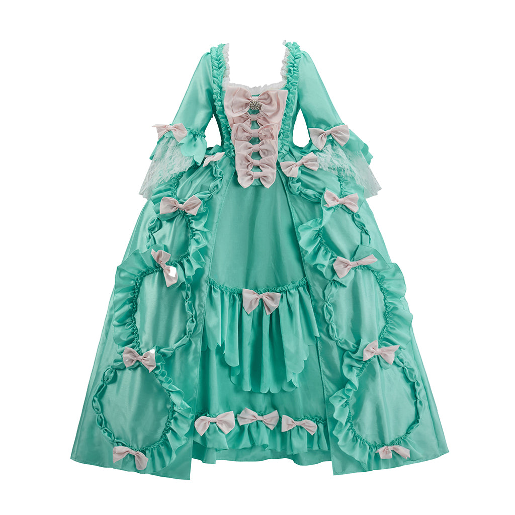 Medieval Mint Green Court Gown with Puffed Sleeves, Pink Accents and Layered Skirt for Historical Reenactments Halloween Christmas
