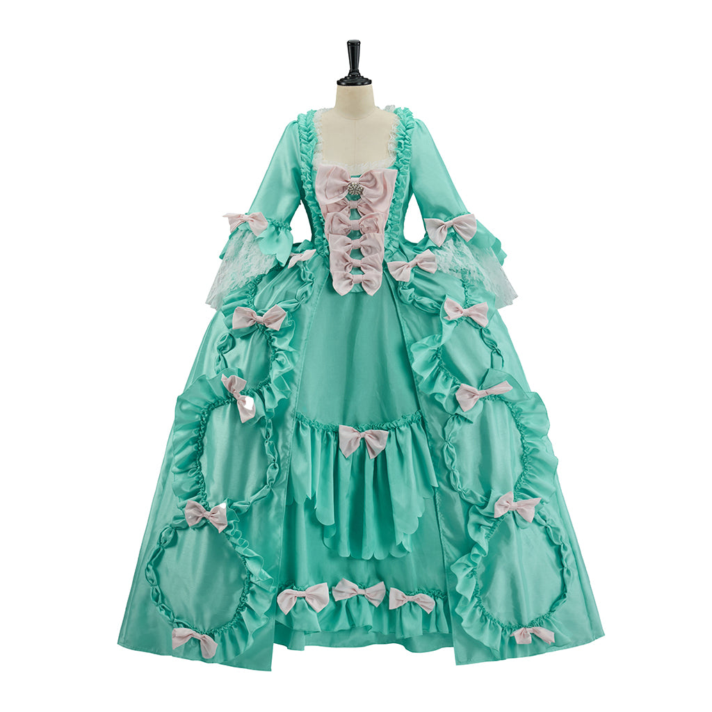 Medieval Mint Green Court Gown with Puffed Sleeves, Pink Accents and Layered Skirt for Historical Reenactments Halloween Christmas