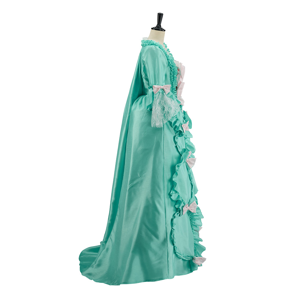 Medieval Mint Green Court Gown with Puffed Sleeves, Pink Accents and Layered Skirt for Historical Reenactments Halloween Christmas