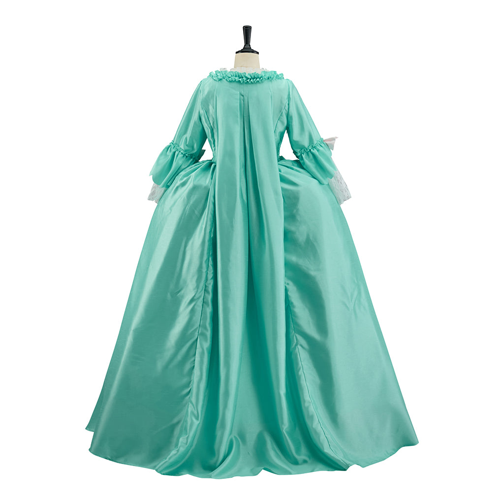 Medieval Mint Green Court Gown with Puffed Sleeves, Pink Accents and Layered Skirt for Historical Reenactments Halloween Christmas