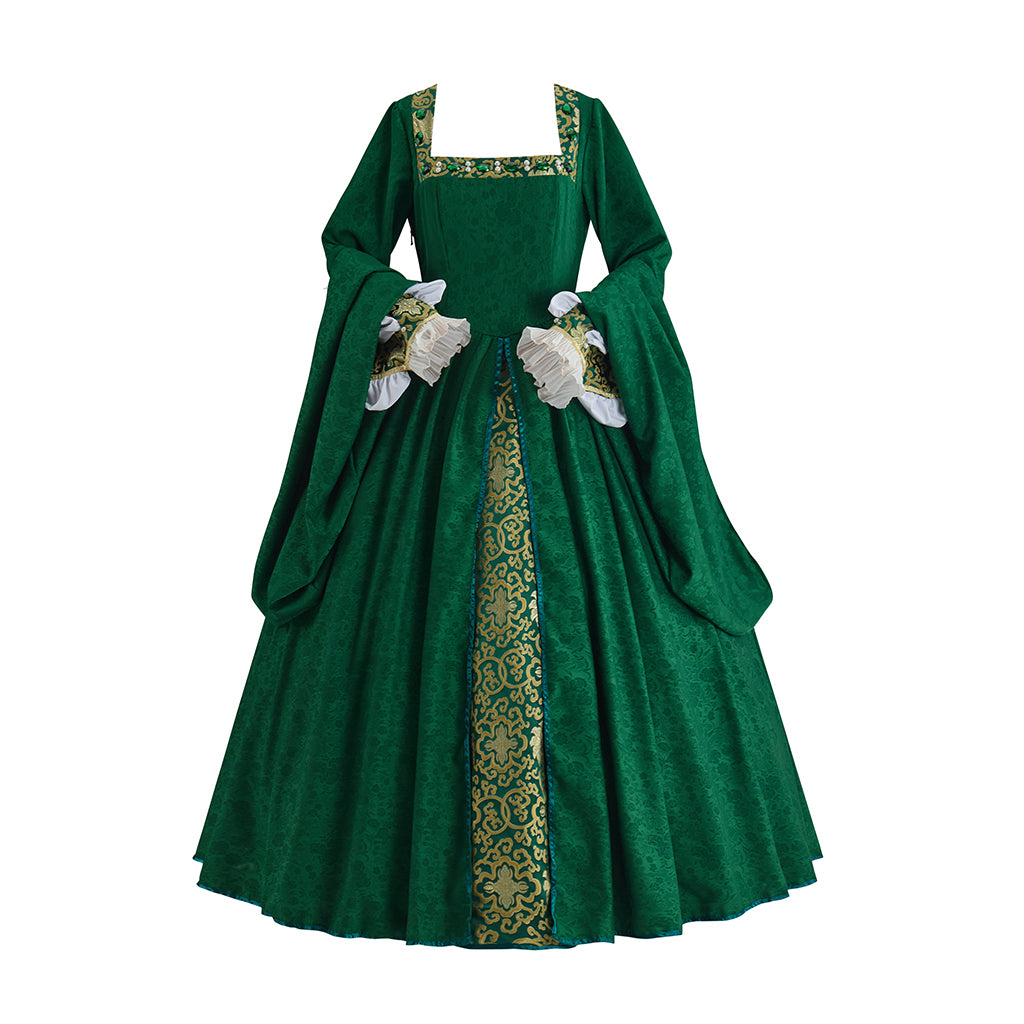 Medieval Emerald Green Court Gown with Square Neckline for Historical ReenactmentsHalloween Christmas and Cosplay Events