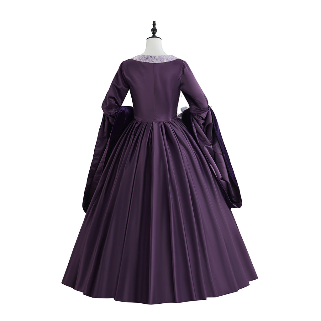 Medieval Purple Court Gown with Square Neckline, Long Sleeves and White Trims for Historical Reenactments Halloween Christmas Cosplay Events