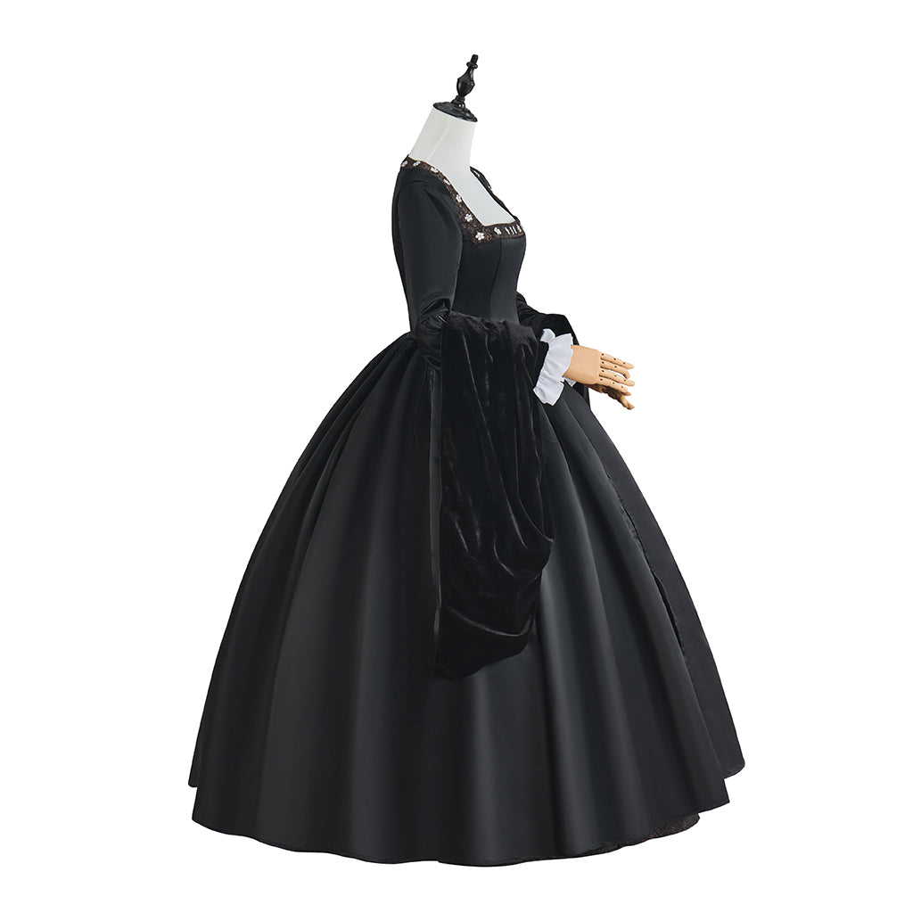 Medieval Black Court Gown with White Ruffled Collar Long Puffed Sleeves and Brown Trims for Historical Reenactments Halloween Christmas Cosplay Events