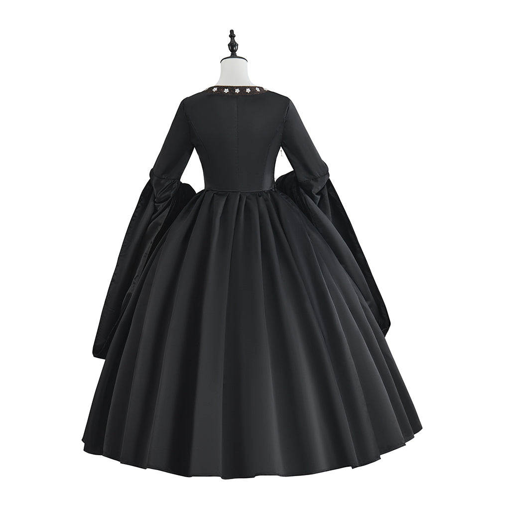Medieval Black Court Gown with White Ruffled Collar Long Puffed Sleeves and Brown Trims for Historical Reenactments Halloween Christmas Cosplay Events