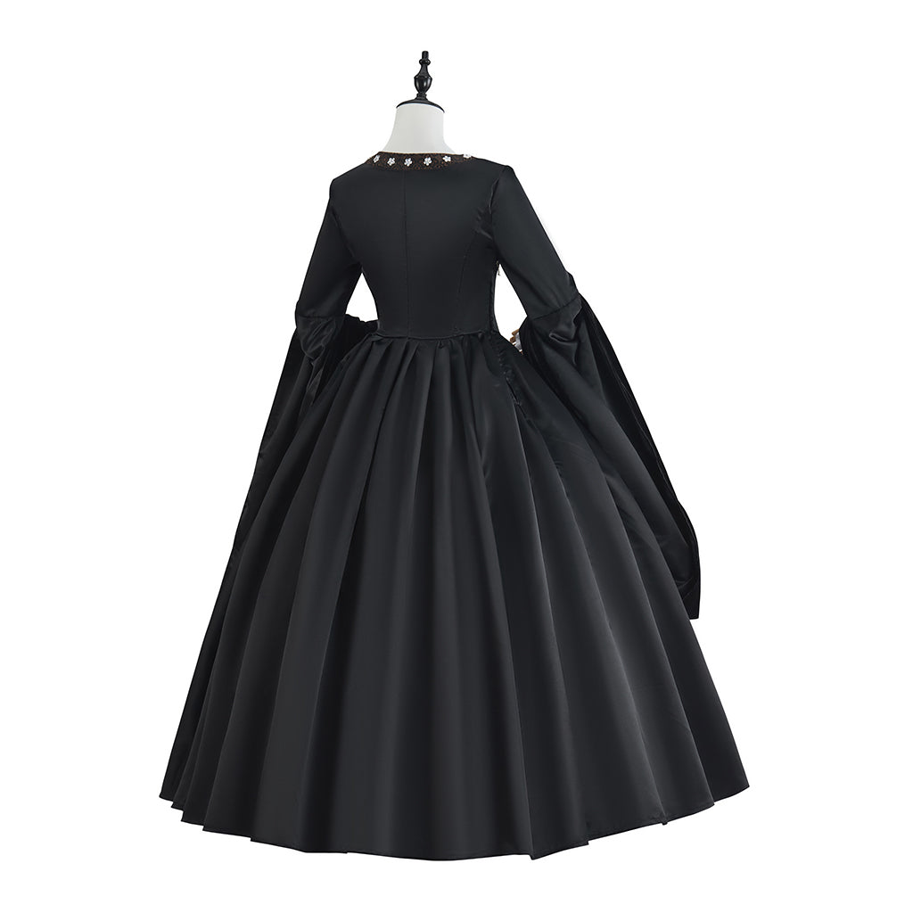 Medieval Black Court Gown with White Ruffled Collar Long Puffed Sleeves and Brown Trims for Historical Reenactments Halloween Christmas Cosplay Events