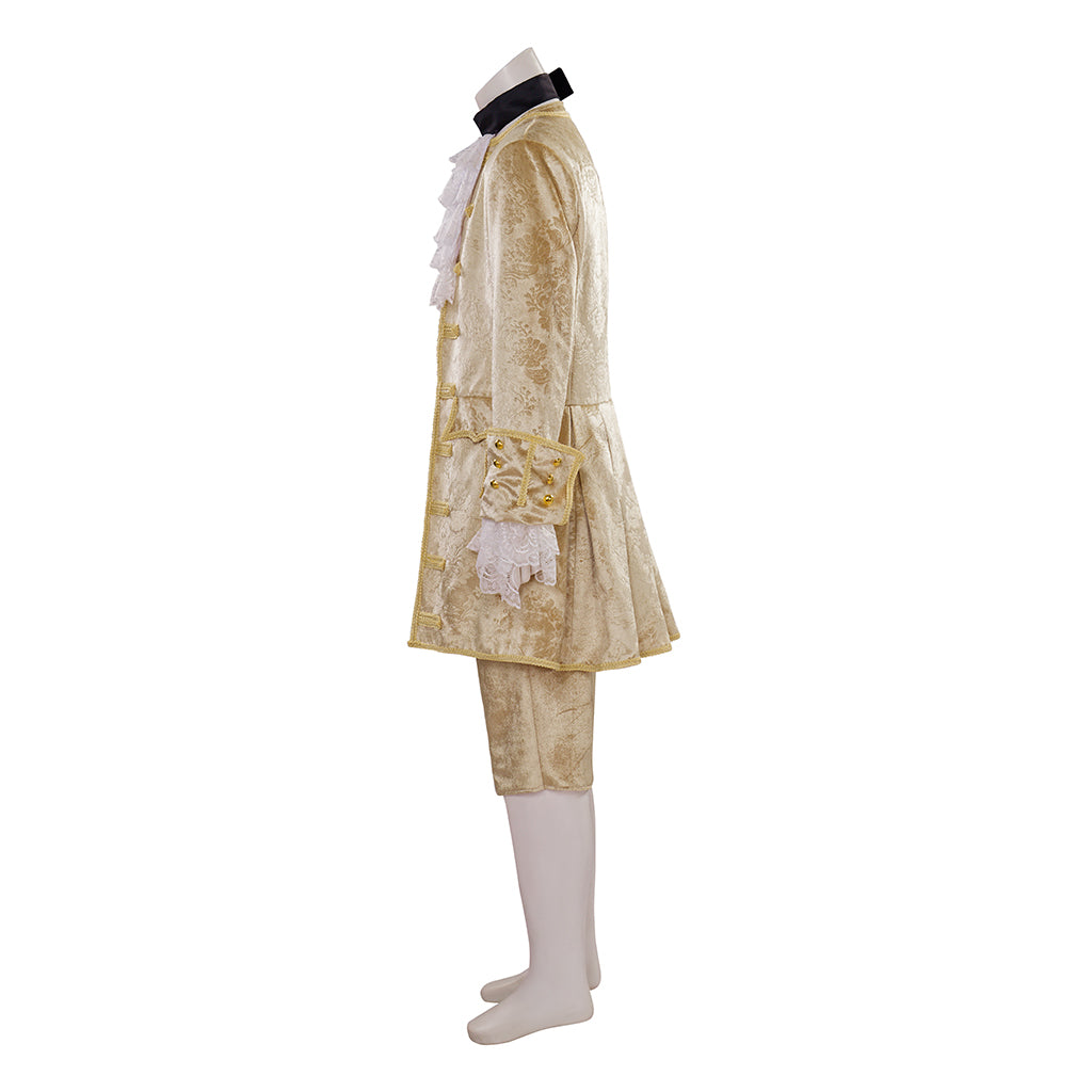 Medieval Style Gold Brocade Suit with White Lace Ruffled Collar Cuffs for Masquerade Balls Halloween Christmas