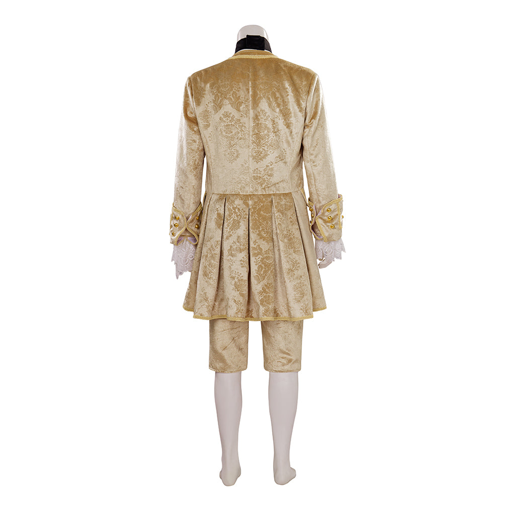 Medieval Style Gold Brocade Suit with White Lace Ruffled Collar Cuffs for Masquerade Balls Halloween Christmas