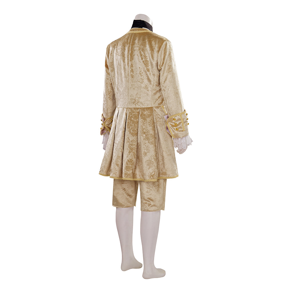 Medieval Style Gold Brocade Suit with White Lace Ruffled Collar Cuffs for Masquerade Balls Halloween Christmas