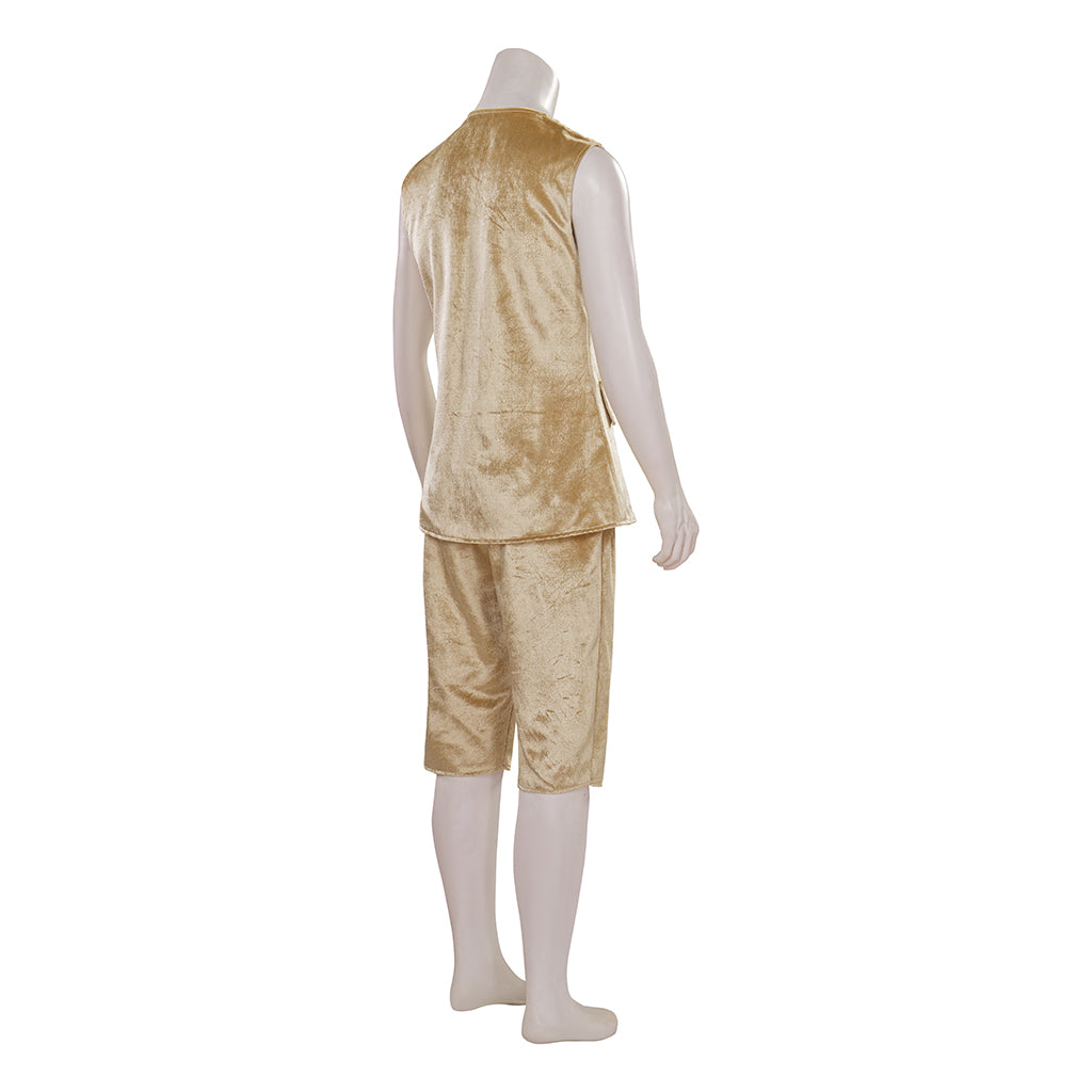 Medieval Style Gold Brocade Suit with White Lace Ruffled Collar Cuffs for Masquerade Balls Halloween Christmas