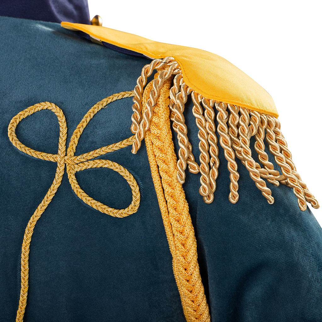 Medieval Style Teal Military Jacket with Gold Braiding Fringed Epaulettes High Collar for Historical Reenactments Halloween or Christmas
