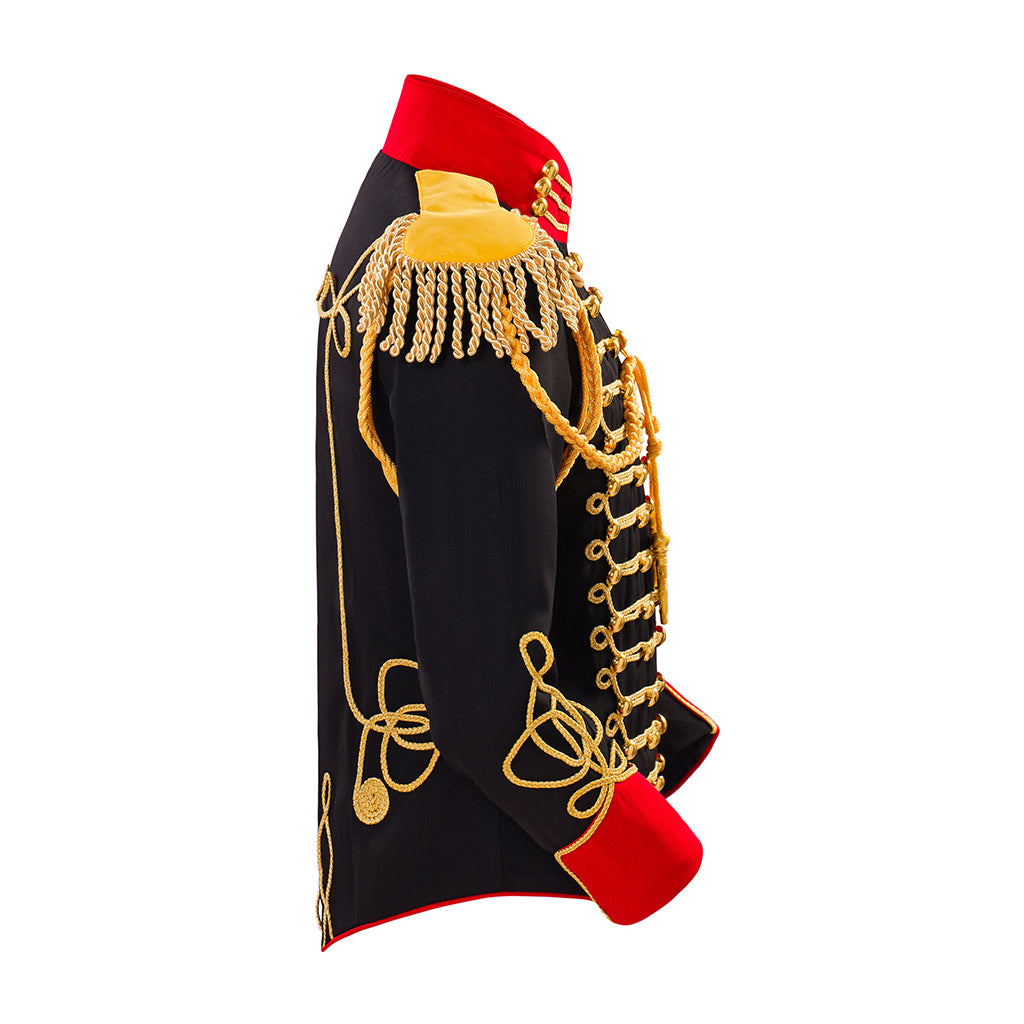 Medieval Style Black Military Jacket with Gold Braiding Red Trimmed Collar Cuffs for Historical Reenactments Halloween or Christmas