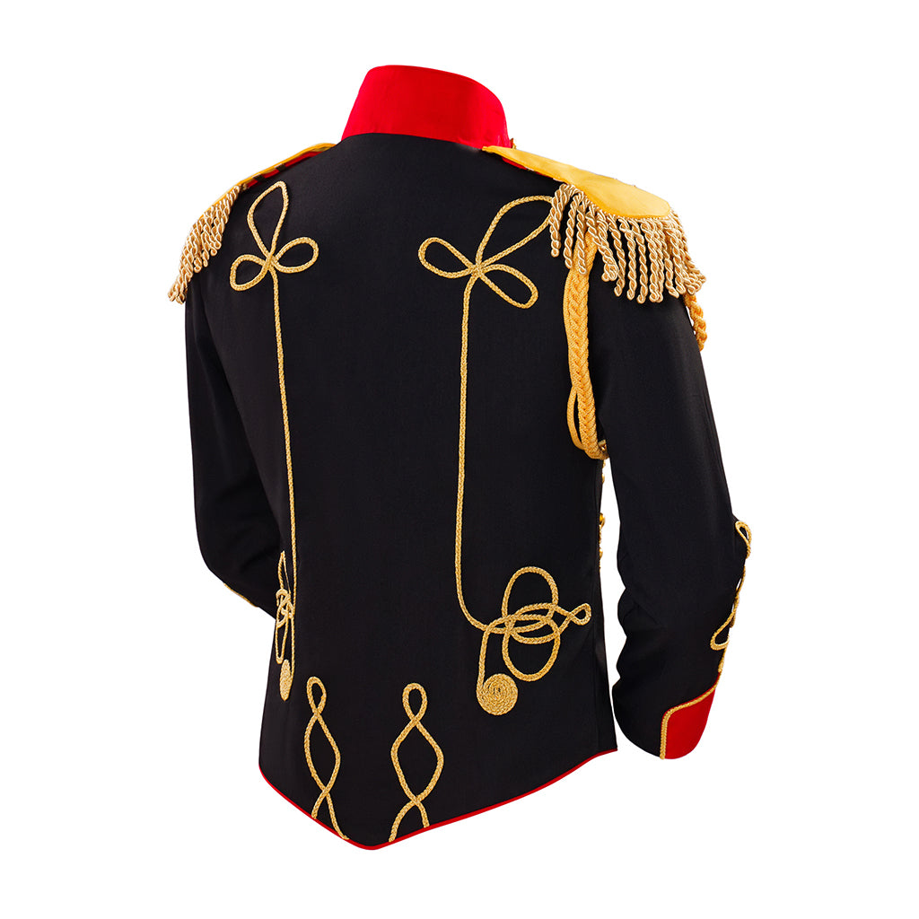 Medieval Style Black Military Jacket with Gold Braiding Red Trimmed Collar Cuffs for Historical Reenactments Halloween or Christmas