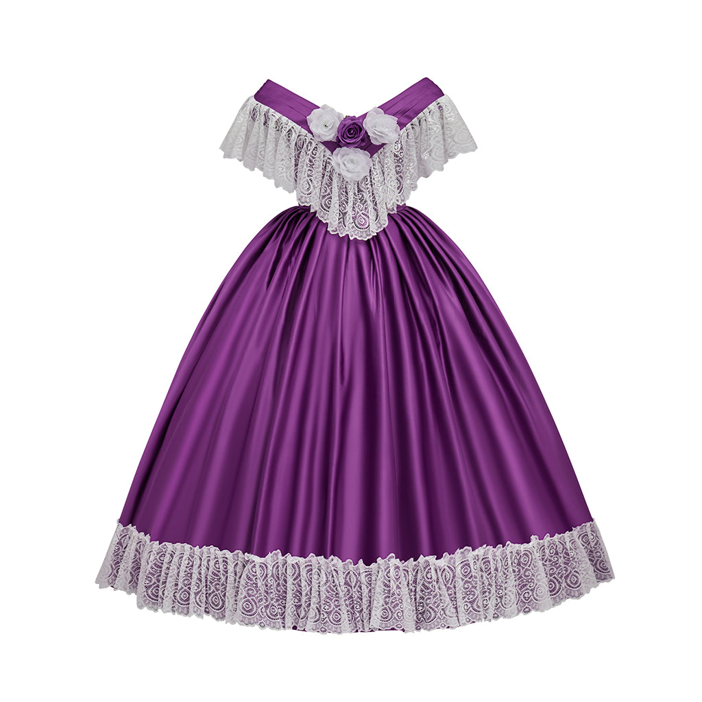 Victorian Purple Ball Gown with White Lace Trim for Historical Reenactments Victorian Themed Gatherings Costume Halloween Christmas