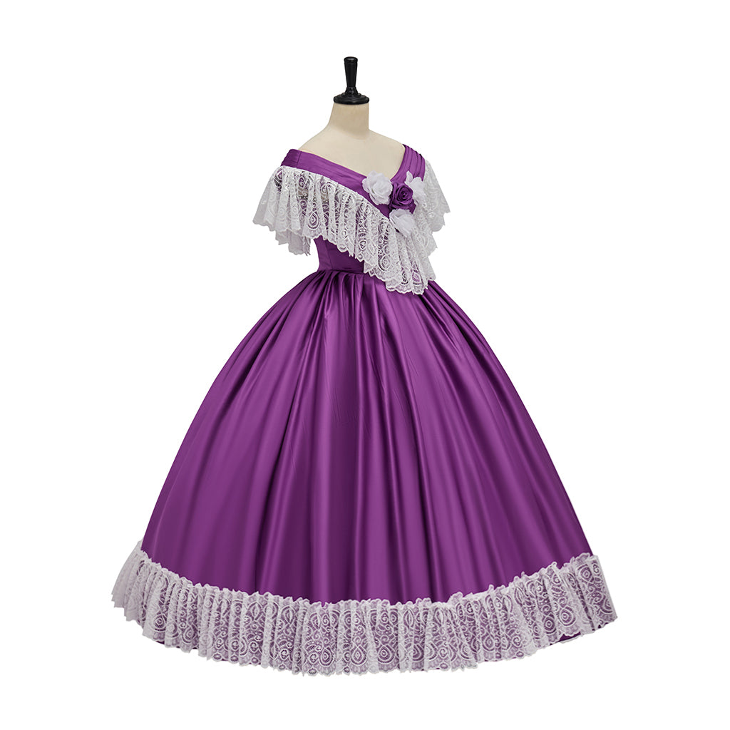 Victorian Purple Ball Gown with White Lace Trim for Historical Reenactments Victorian Themed Gatherings Costume Halloween Christmas