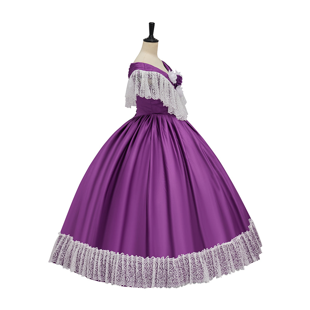 Victorian Purple Ball Gown with White Lace Trim for Historical Reenactments Victorian Themed Gatherings Costume Halloween Christmas