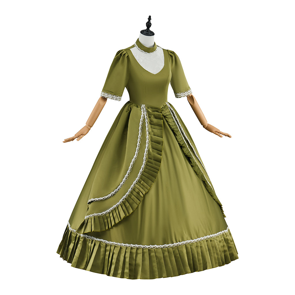 Victorian Olive Green Gown with White Trim Short Sleeves for Historical Reenactments Victorian Themed Halloween Christmas