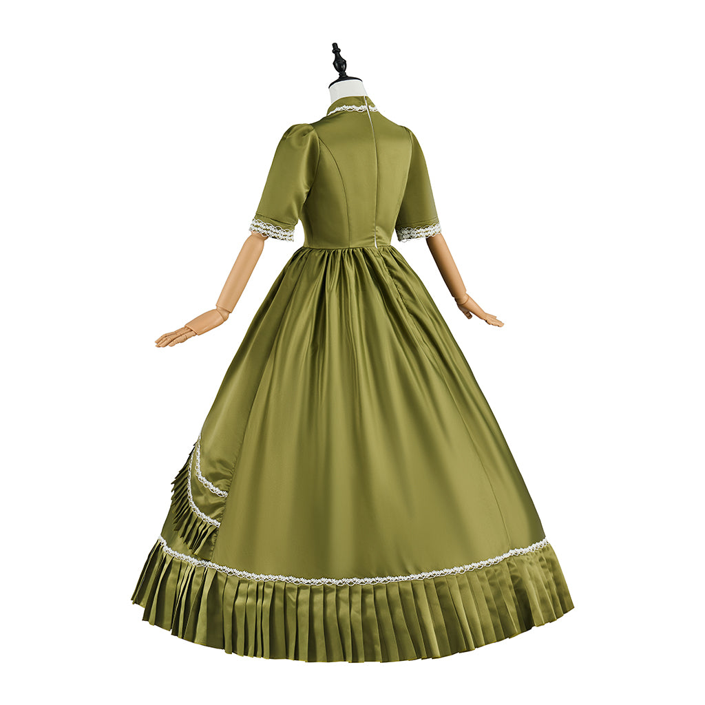 Victorian Olive Green Gown with White Trim Short Sleeves for Historical Reenactments Victorian Themed Halloween Christmas