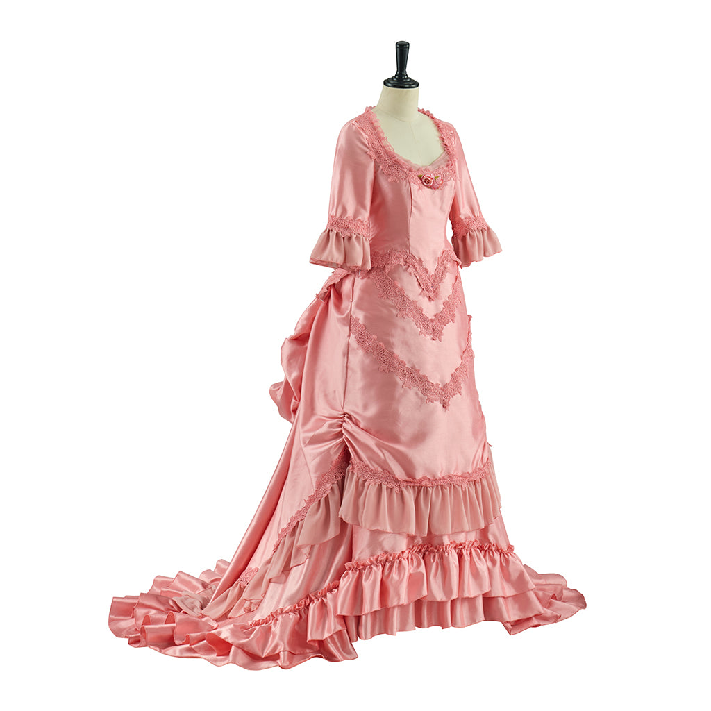 Victorian Pink Ruffled Gown with Fluted Sleeves for Historical Reenactments Victorian Themed Gatherings Cosplay Events Halloween Christmas