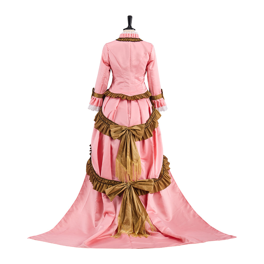 Victorian Pink Ruched Gown with Brown Trimmed Hem and Long Sleeves for Historical Reenactments Victorian Halloween Christmas
