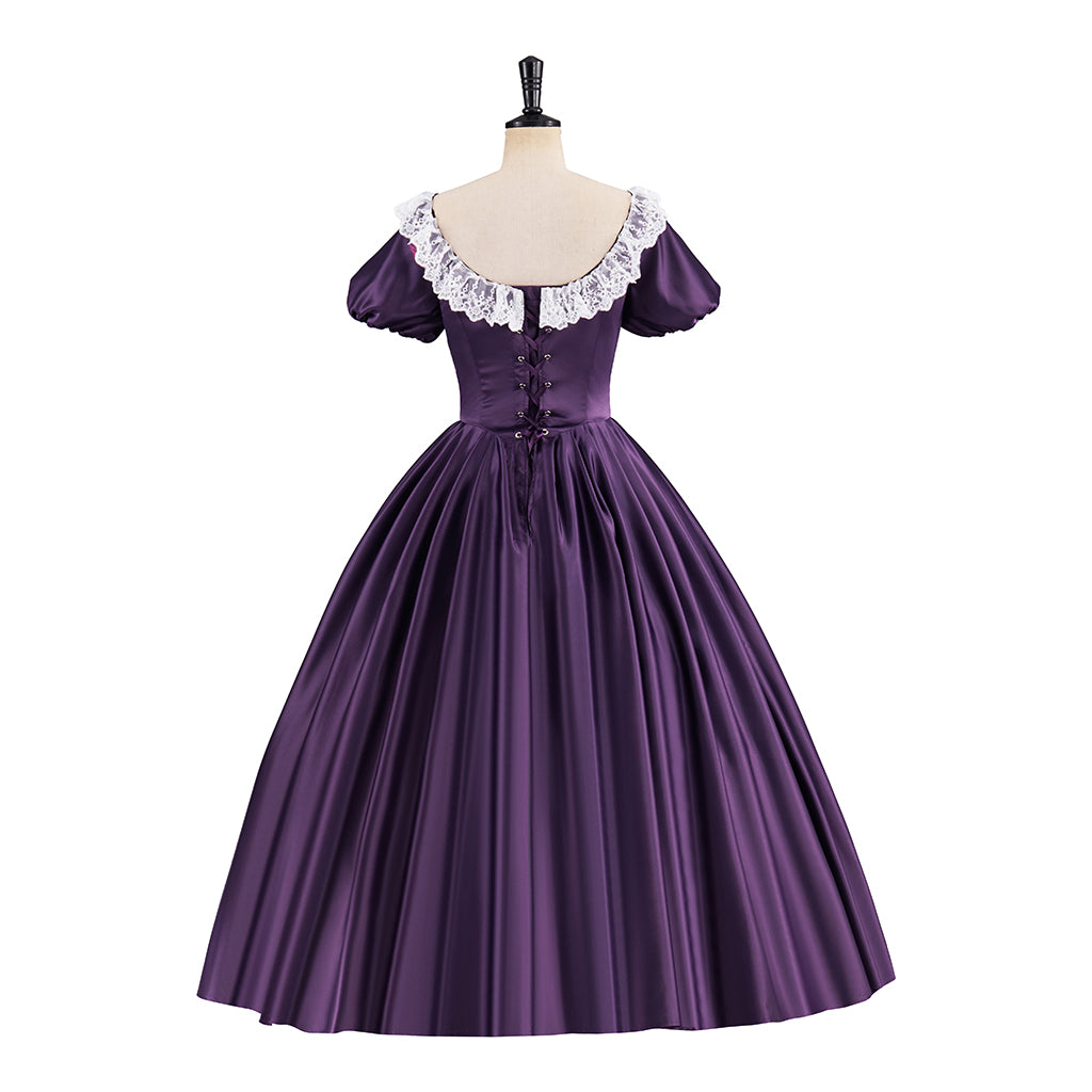 Victorian Purple Satin Off-Shoulder Gown with White Lace Collar for Historical Reenactments Victorian Themed Halloween Christmas