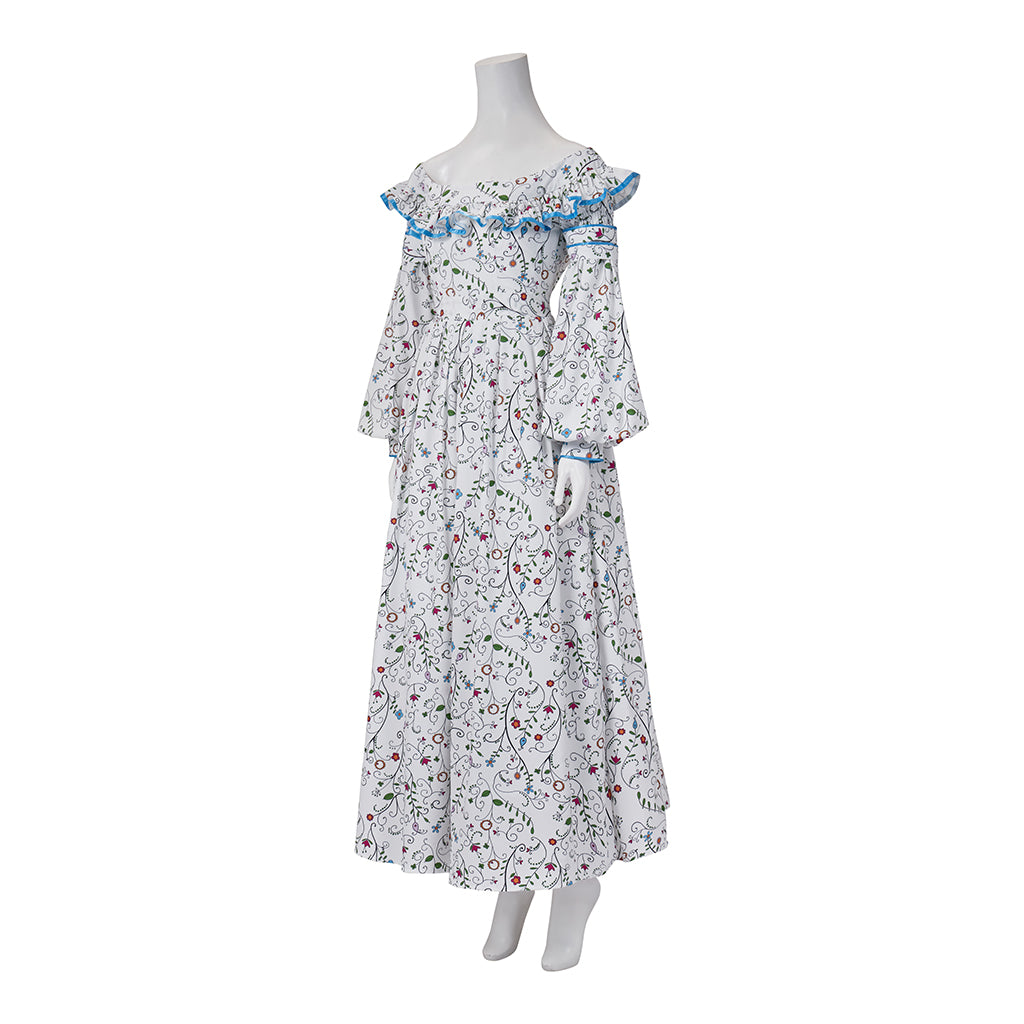 Medieval Style Off-shoulder Bell-sleeved Floral Patterned Maxi Dress for Historical Reenactments Cosplay Events Medieval Halloween Christmas