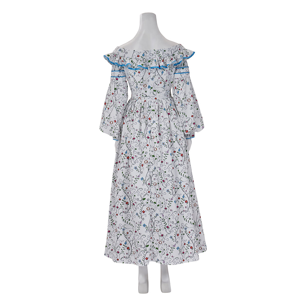 Medieval Style Off-shoulder Bell-sleeved Floral Patterned Maxi Dress for Historical Reenactments Cosplay Events Medieval Halloween Christmas