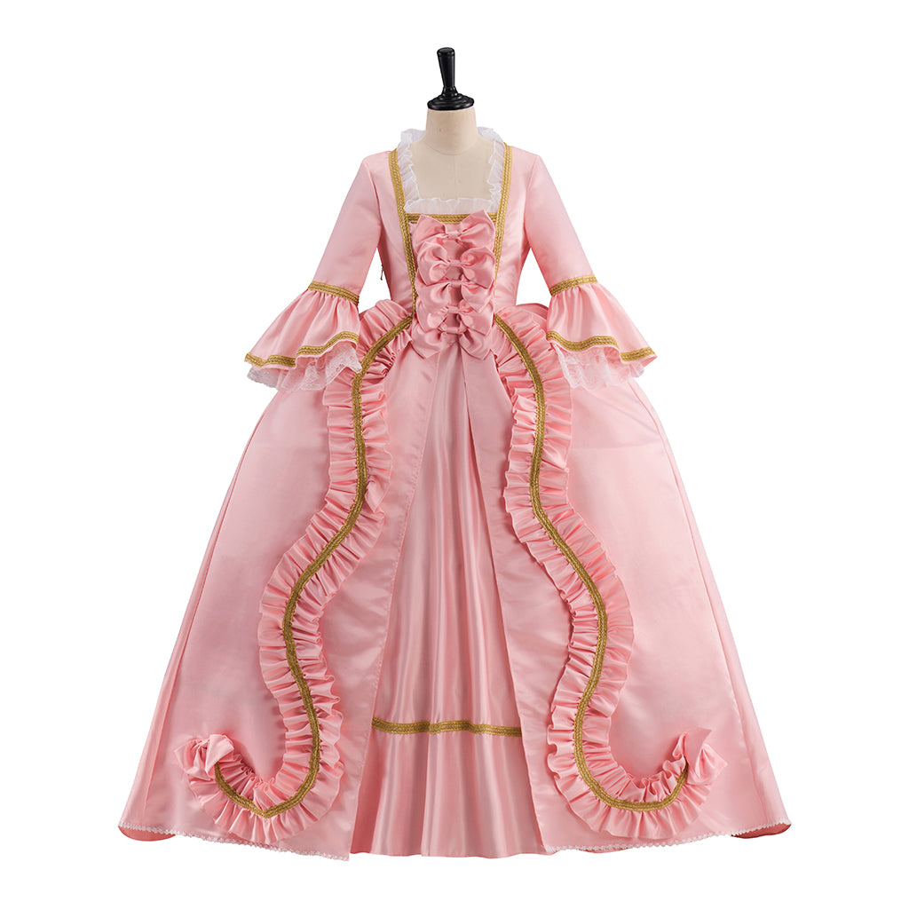 Rococo Pink Gown with Gold Trim and Elaborate Ruffles for Historical Reenactments Rococo Themed Gatherings Cosplay Events Halloween Christmas