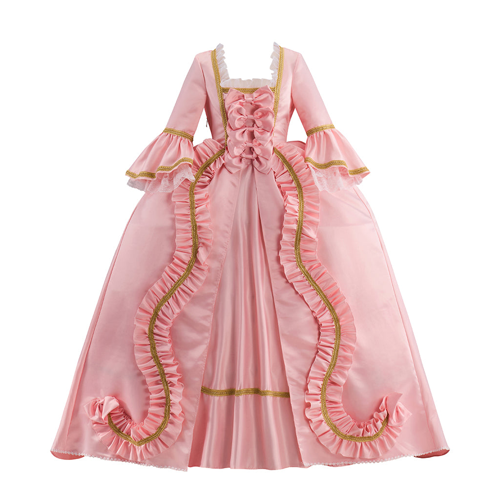 Rococo Pink Gown with Gold Trim and Elaborate Ruffles for Historical Reenactments Rococo Themed Gatherings Cosplay Events Halloween Christmas