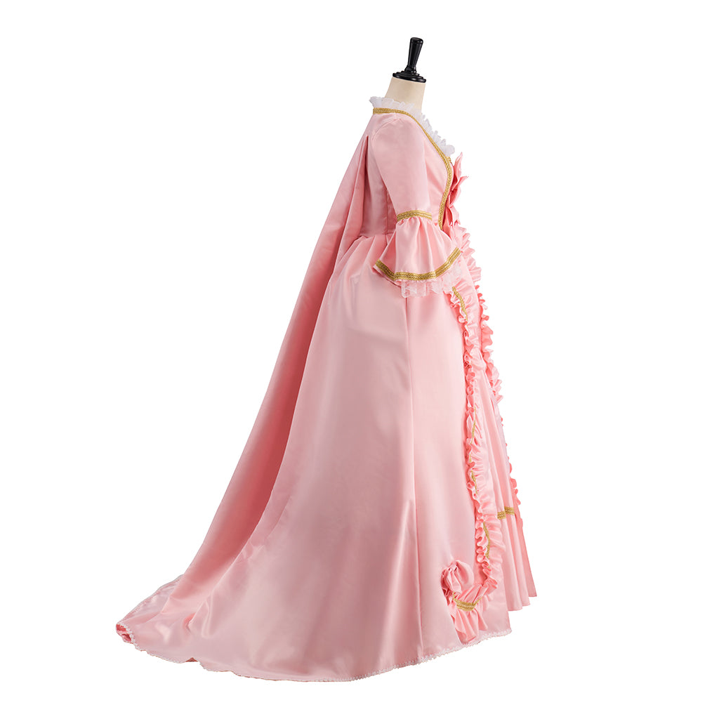 Rococo Pink Gown with Gold Trim and Elaborate Ruffles for Historical Reenactments Rococo Themed Gatherings Cosplay Events Halloween Christmas