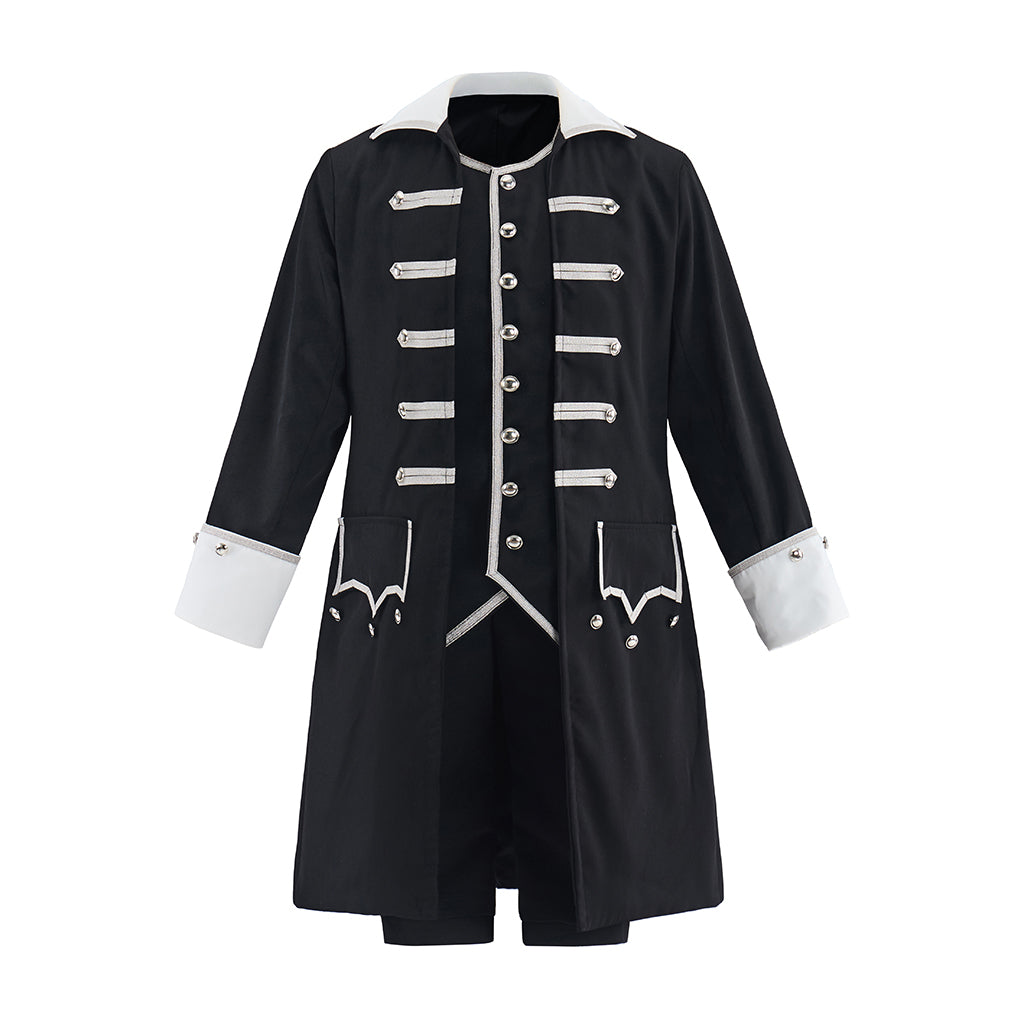 Victorian Black Military Style Coat with White Decorative Buttons and Cuffs for Historical Themed Halloween Christmas