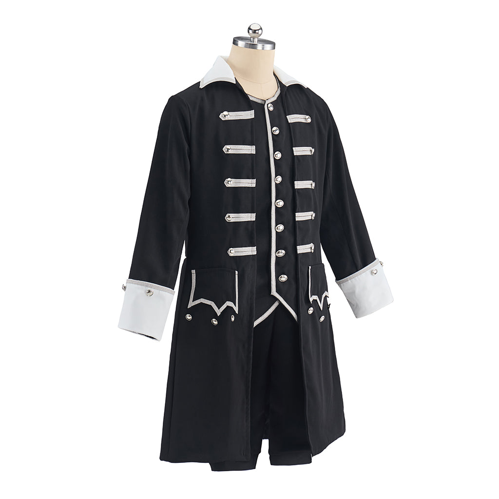 Victorian Black Military Style Coat with White Decorative Buttons and Cuffs for Historical Themed Halloween Christmas