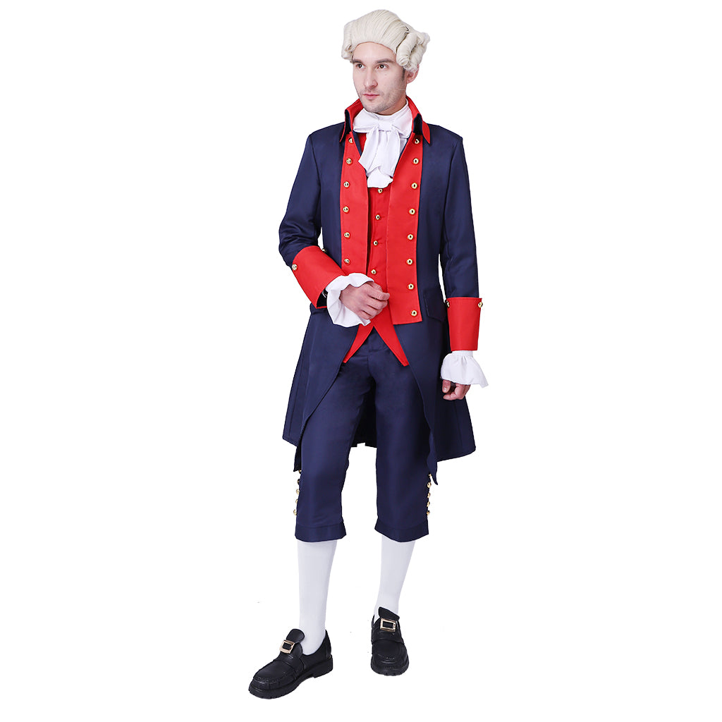 Medieval Military Officer Men's Navy Blue Coat with Red Trim Ornate Red Detailing and Buttons Costume for Historical Reenactments Cosplay Events or Halloween Christmas or Parties
