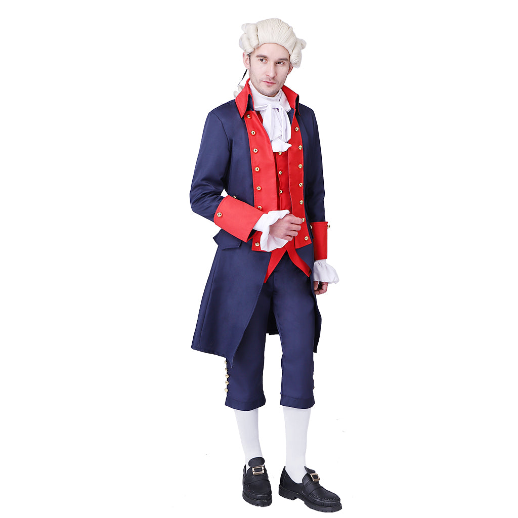 Medieval Military Officer Men's Navy Blue Coat with Red Trim Ornate Red Detailing and Buttons Costume for Historical Reenactments Cosplay Events or Halloween Christmas or Parties