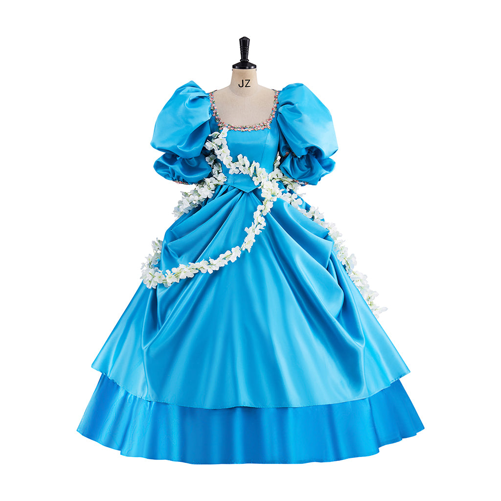 Rococo Light Blue Gown with Puff Sleeves Tiered Skirt and White Embellished Sash for Historical Reenactments Halloween Christmas